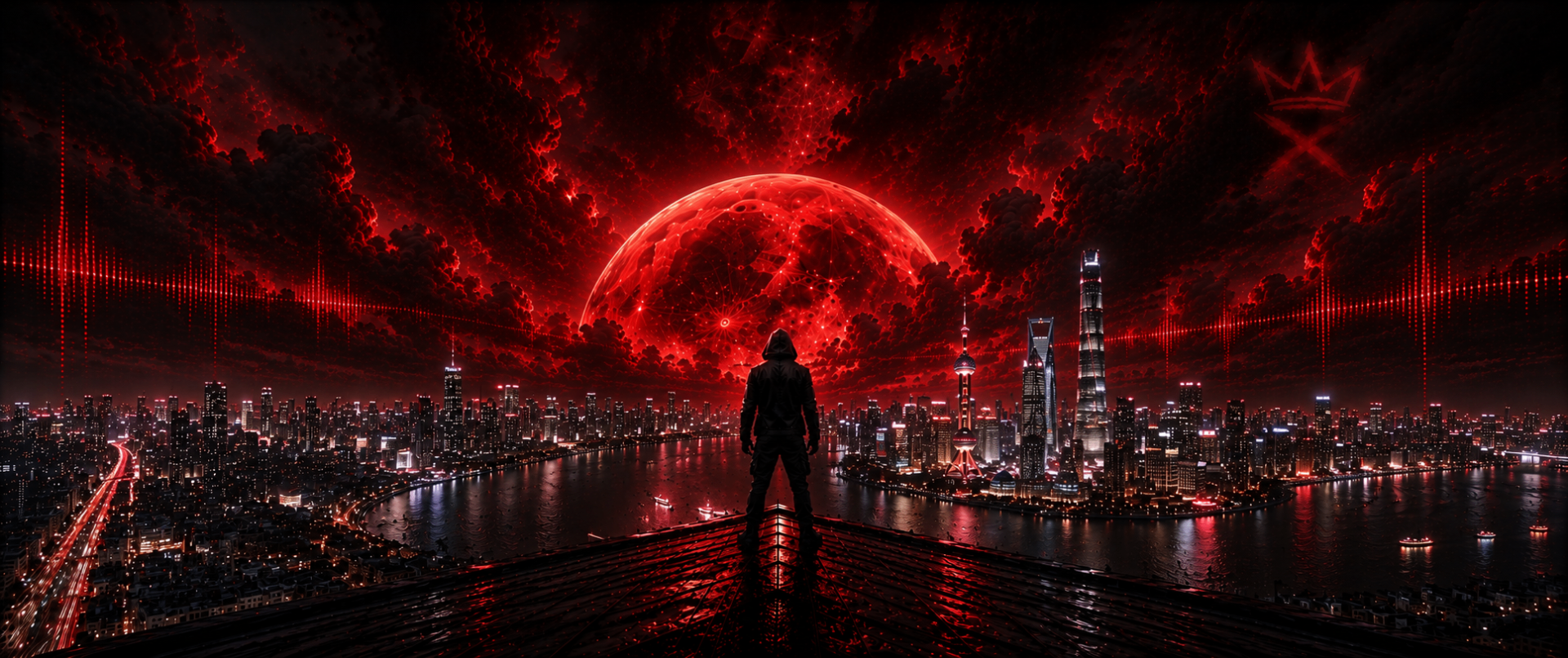 DOGIDO — hooded figure with headphones on a rain-soaked neon city street